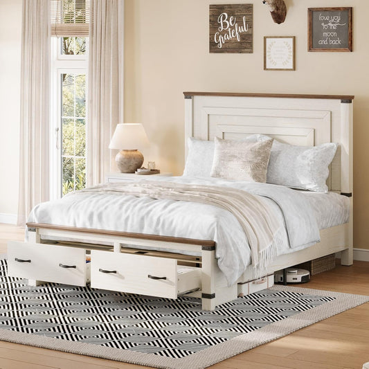 Farmhouse Full Size Bed Frame, Rustic Wood Platform Bedstead with Storage Drawers, White