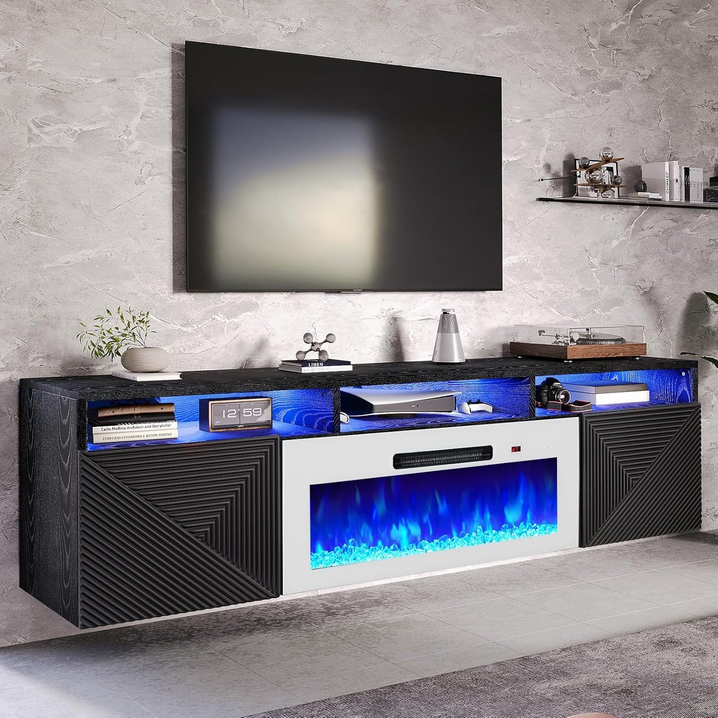 70" Floating TV Stand with Fireplace, Modern Wall Mounted Entertainment Center, White