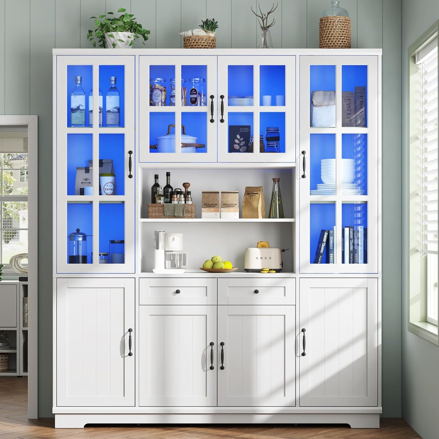 Merluxy 71" LED Storage Cabinet with Adjustable Shelves, Display & Kitchen Pantry, White