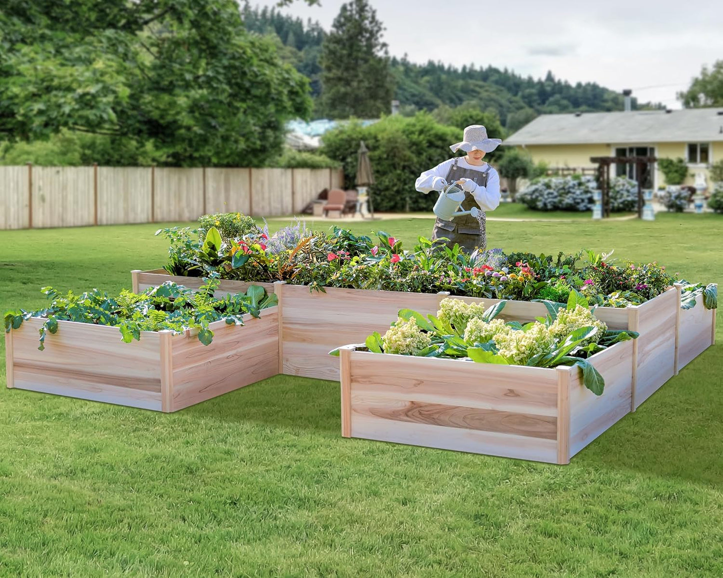 LUXOAK Raised Garden Planter - 12x12x2 ft H-Shaped Wooden Garden Bed, 180 cu. ft Capacity, Wooden Planter Box with Double Layer Design for Outdoor Patio & Garden