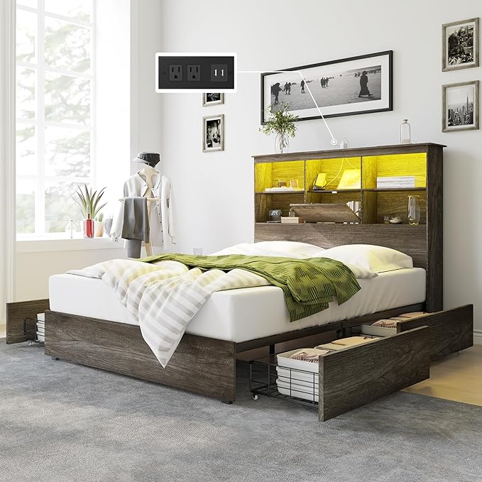 VANACC Bed Frame with LED Bookcase Headboard, Wooden Storage Bed with Charging Station & 4 Drawers