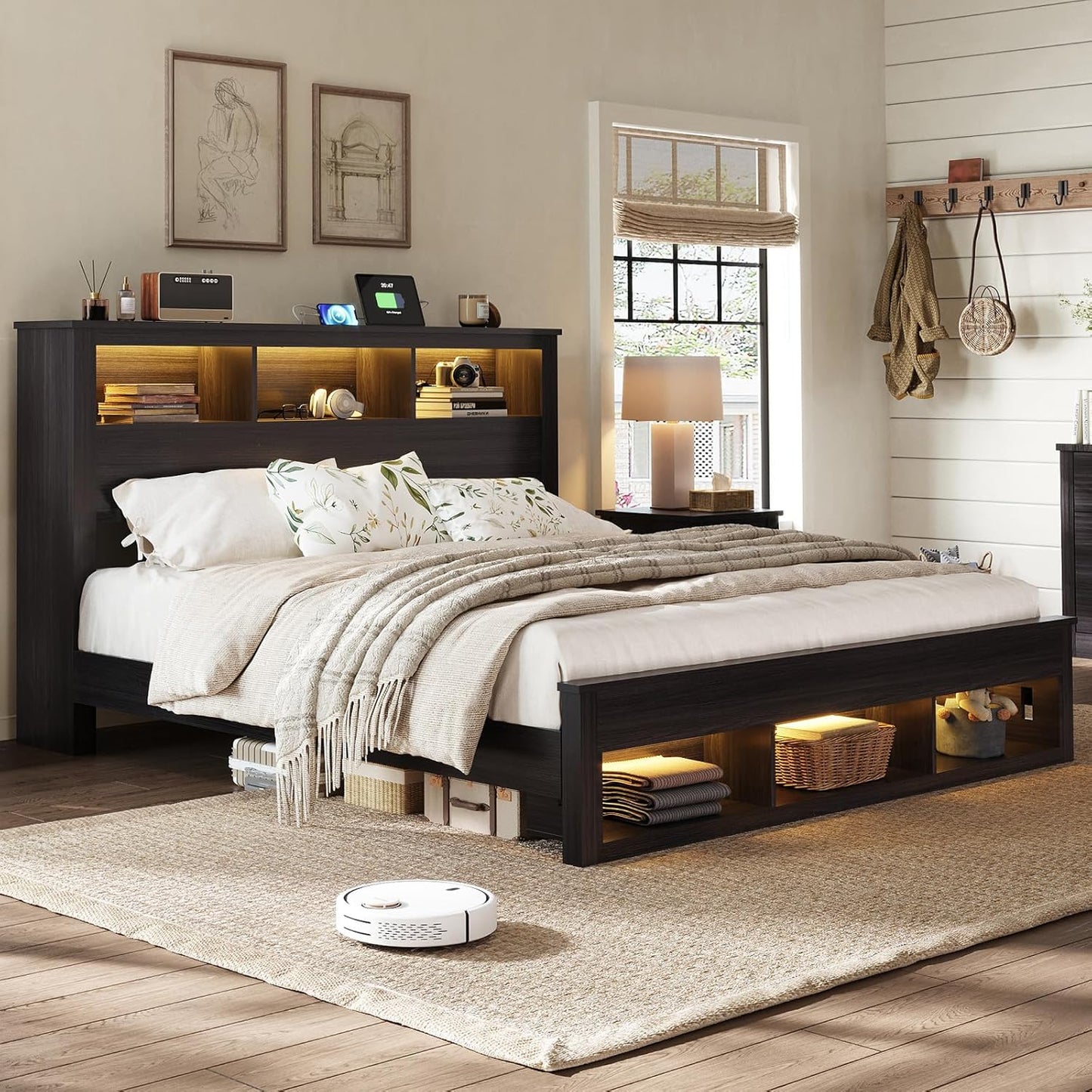 VANACC Farmhouse Bed Frame with Storage Bookcase Headboard and Footboard, Storage Wood Platform Bed Frame with Wood Slats Support, Noiseless LED Bed Frame