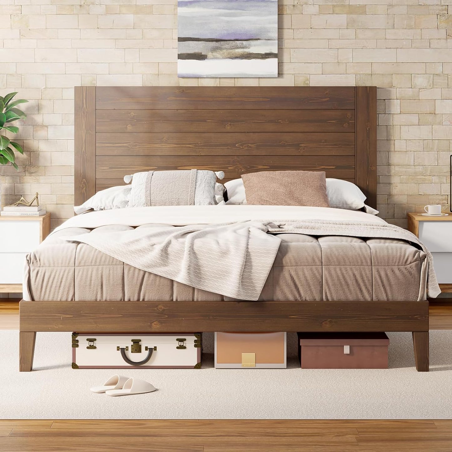 VANACC Solid Wood Bed Frame with 48.6" Headboard, Mid-Century Platform Bed Frame