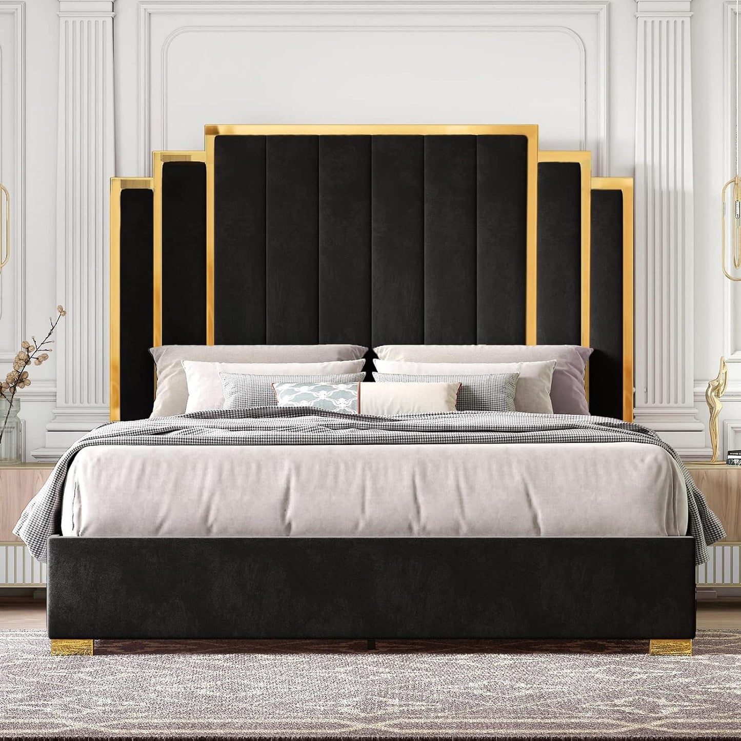 Bed Frame and 61" Headboard, Upholstered Bed with Golden Plating Trim, Modern Platform Bed No Box Spring Needed,
