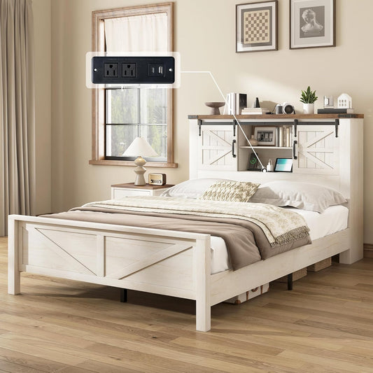 PLAUIN Farmhouse Bed Frame with Storage Bookcase & Charging Station, Bedroom Furniture
