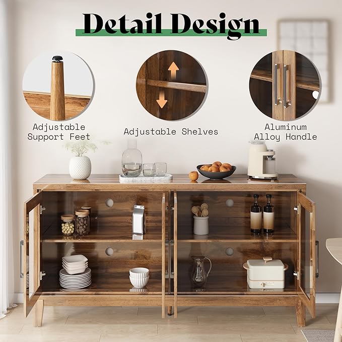 63'' Buffet Cabinet, High Gloss Wooden Sideboard with 4 Glass Door, Sideboard Buffets Cabinet with Storage for Dining Room, Living Room, Kitchen, Oak