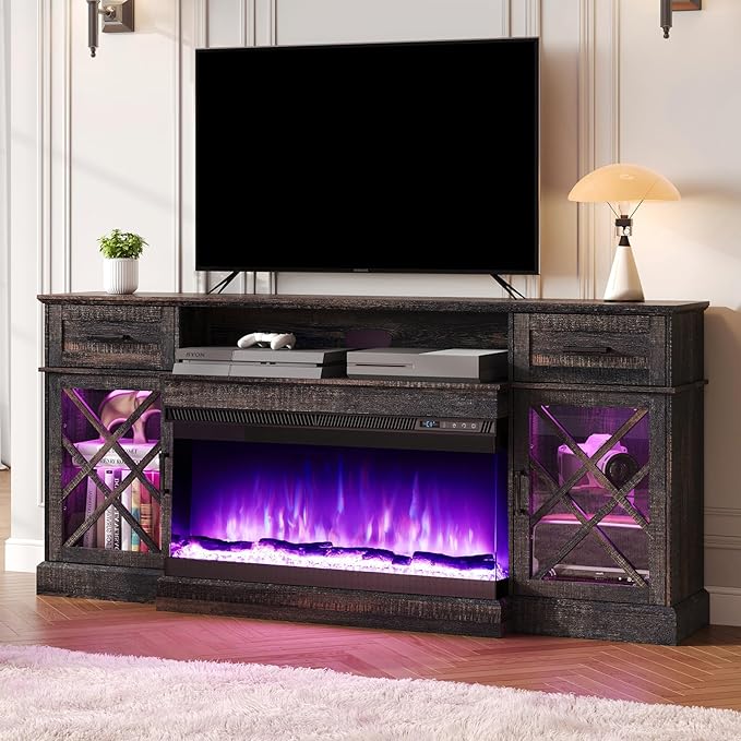 VANACC Farmhouse LED Fireplace TV Stand with 3-Sided Glass Fireplace, 70" Large Entertainment Center for TVs up to 80", Rustic TV Console with Glass Door Storage for Living Room