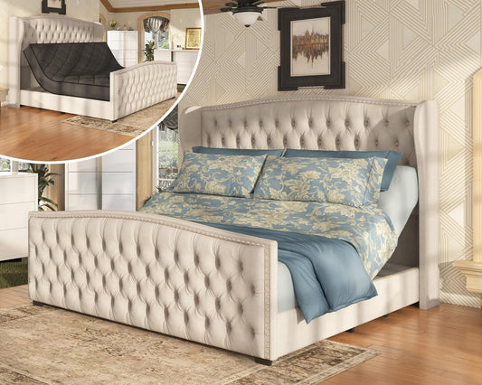 51" H Queen Size Adjustable Bed Frame with Dual Motor/Nailhead Trim Wingback, Cream