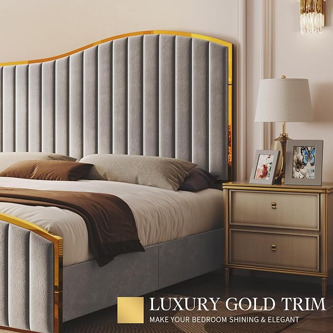 Queen Size Bed Frame, 61.4" High Headboard Platform Bed Velvet Upholstered with Gold Trim & Footboard/Wooden Slats/No Box Spring Required/Grey