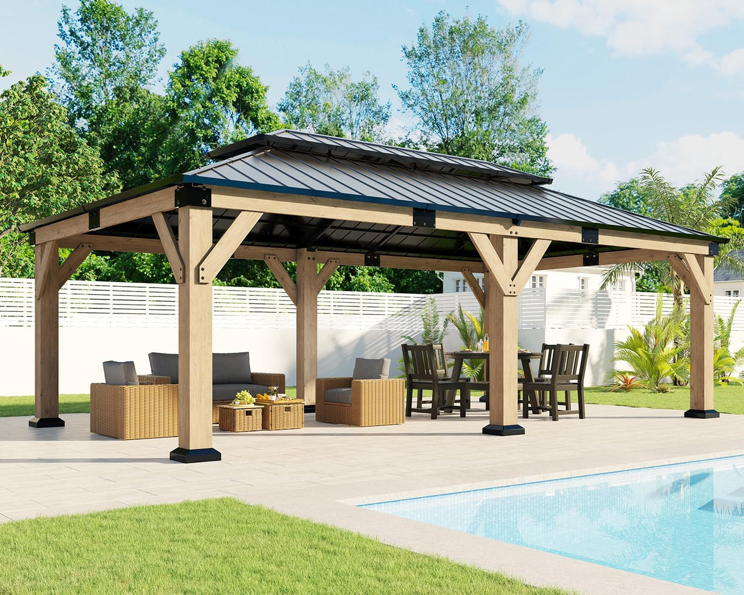 12x20 FT Hardtop Gazebo, Solid Wood Pavilion with Iron Double Roof, Outdoor Pergola
