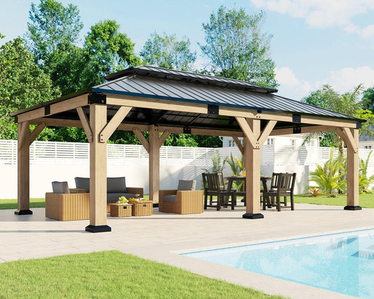 12x20 FT Hardtop Gazebo, Solid Wood Pavilion with Iron Double Roof, Outdoor Pergola