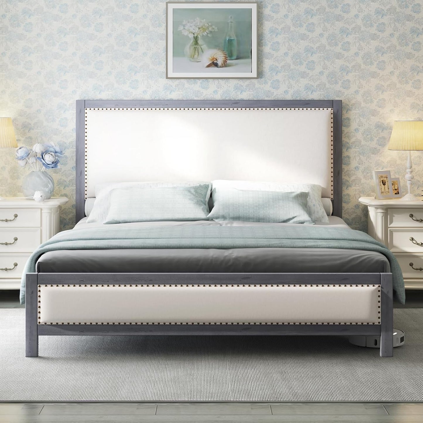 Upholstered Platform Bed with Headboard, Solid Wood Bed Frame with Linen Headboard & Footboard Nailhead Trim, No Box Spring Needed, Noise-Free