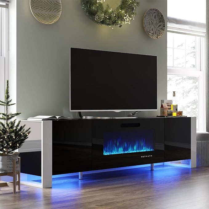 70" Fireplace TV Stand with 36" Electric Fireplace, High Gloss Entertainment Center with LED Lights, Modern Entertainment Stand for TVs up to 80", Black