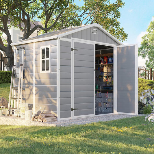 8 x 6 ft Resin Storage Shed with Floor, Tool Shed Outdoor Storage with Vents, Window, and Stainless Steel Cores, for Lawnmowers/Bicycles/Pool Supplies, Grey