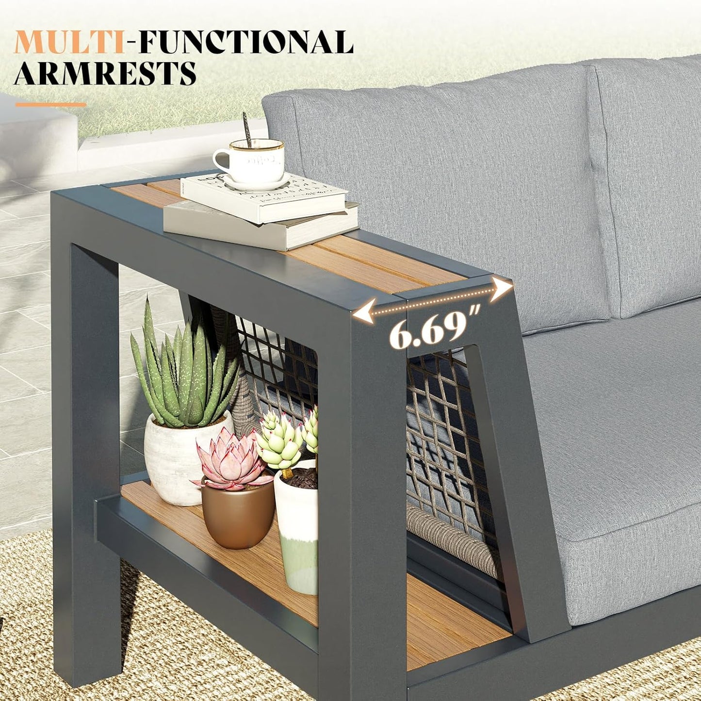 Outdoor Sofa Aluminum Patio Furniture Set with Wide Storage Armrest, 3-Piece Outdoor Couch