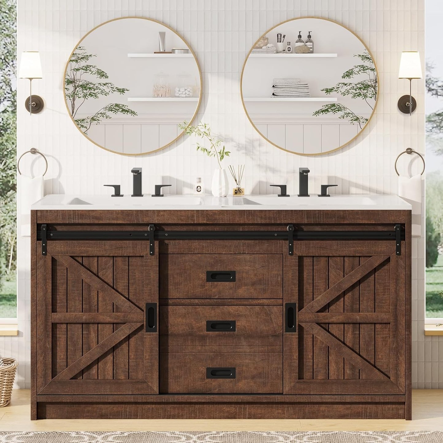 61" Farmhouse Double Bathroom Vanity with Sink Combo, Dual Basin Bathroom Storage Cabinet with Sliding Barn Doors & Drawers, Large Double Bath Vanity Sink Set