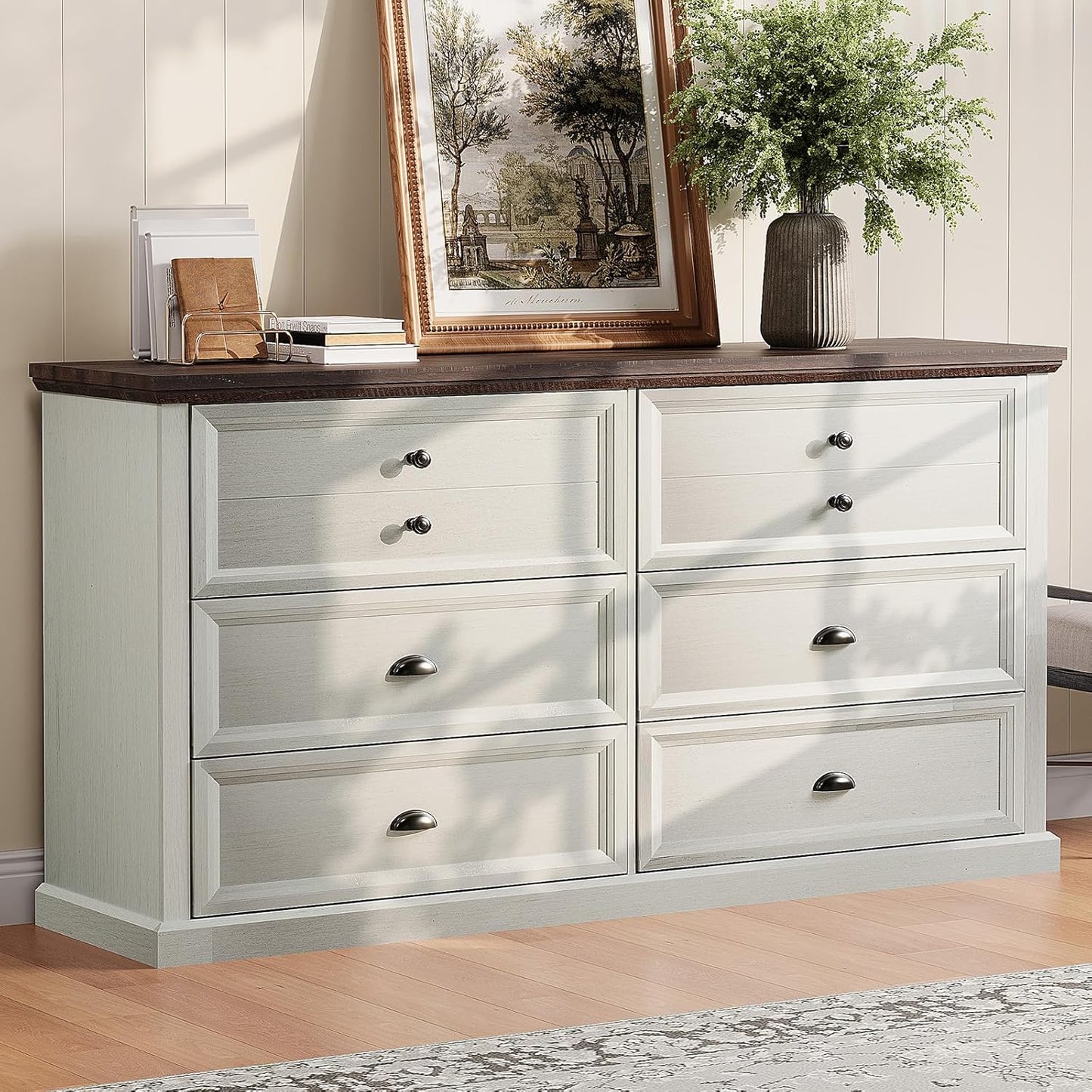 58 inch Dresser for Bedroom, Farmhouse 6 Drawer Dresser, TV Stand for Bedroom, Dressers & Chests of Drawers, Living Room Organizer with Storage Drawers