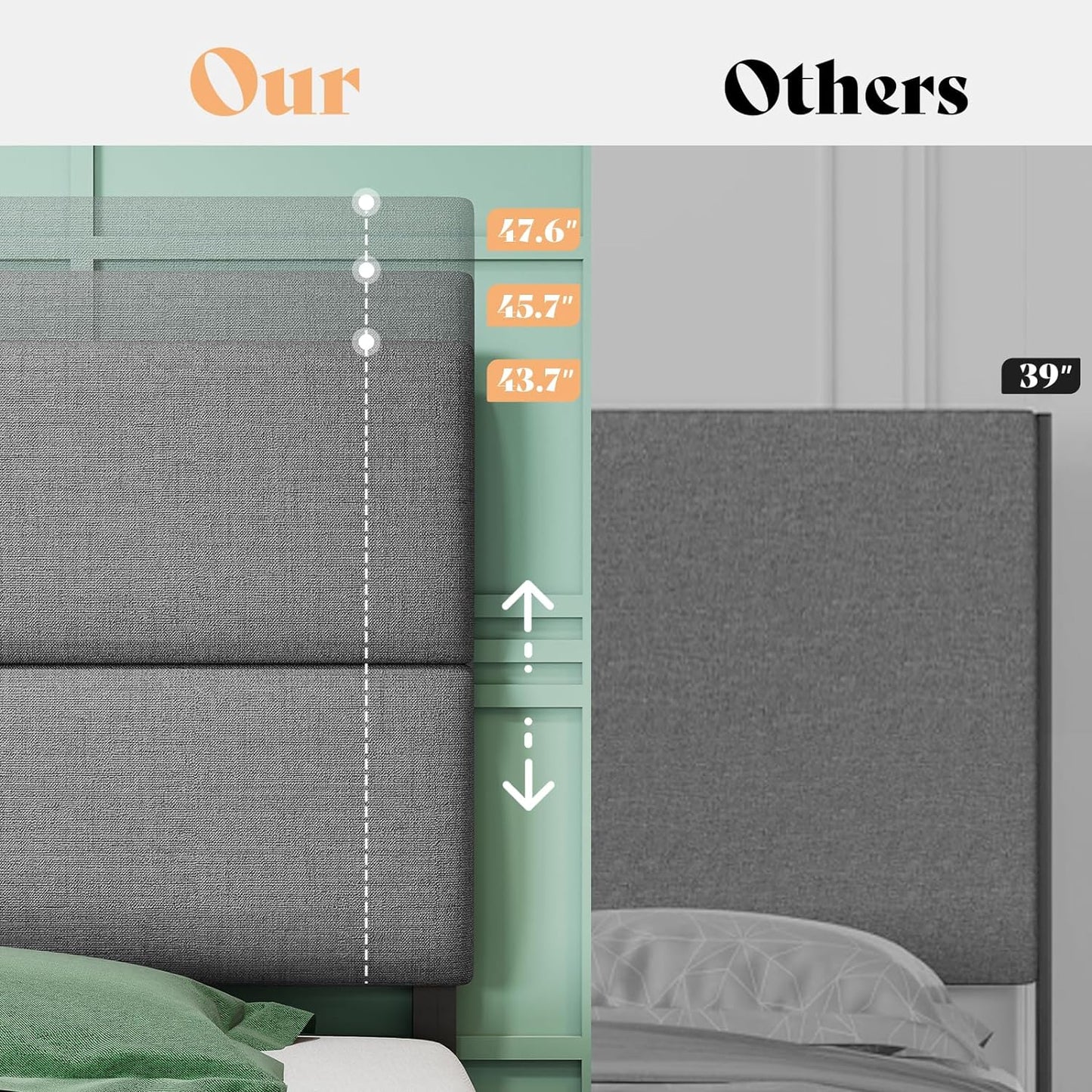 47.6" Upholstered Bed Frame with 2 Drawers, Linen Platform Bed with Height Adjustable Headboard/No Box Spring Needed