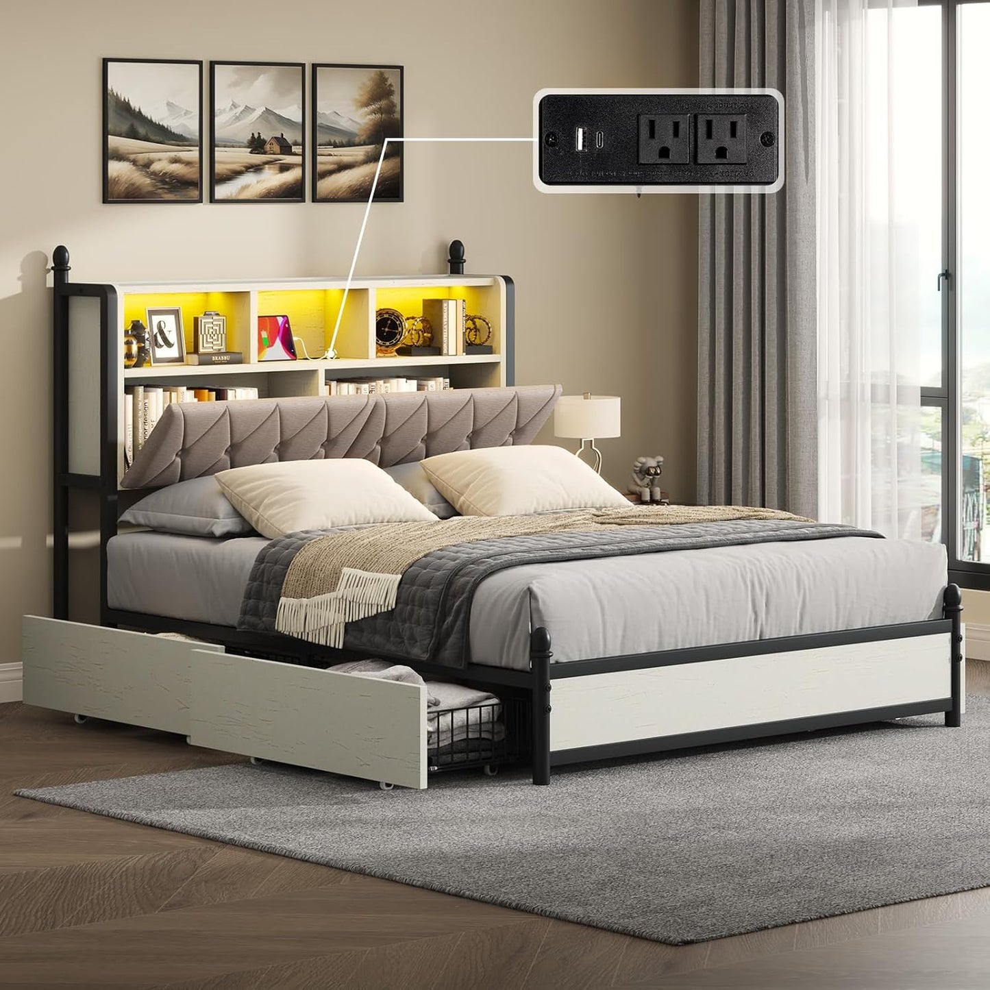 VANACC Bed Frame with Bookcase Headboard and 4 Storage Drawers, Wooden Platform Bed with Charging Station and LED Light, No Box Spring Needed/Noise-Free