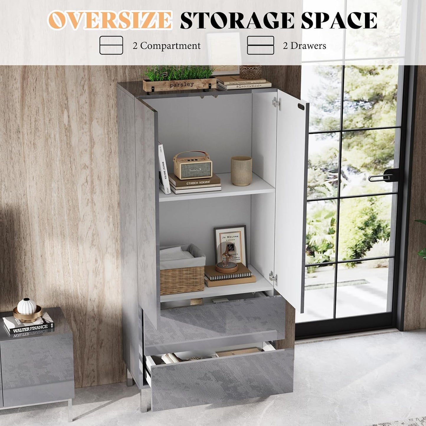 AMERLIFE Modern Tall Kitchen Pantry, 70" Tall Storage Cabinet Bookshelf with Adjustable Shelves & Drawer, Kitchen Pantry Cabinet for Living Room, White