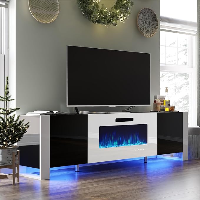 70" Fireplace TV Stand with 36" Electric Fireplace, High Gloss Entertainment Center with LED Lights, Modern Entertainment Stand for TVs up to 80", Black