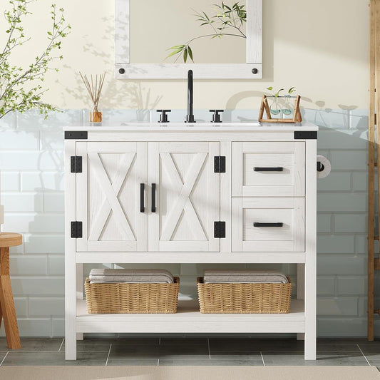 Farmhouse Bathroom Vanity with Sink,Wood Barn Door Freestanding Bath Storage Cabinet,White