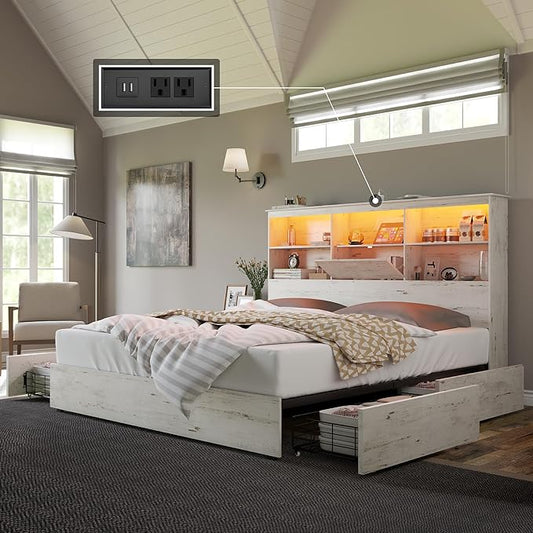 VANACC Bed Frame with LED Bookcase Headboard, Wooden Storage Bed with Charging Station & 4 Drawers