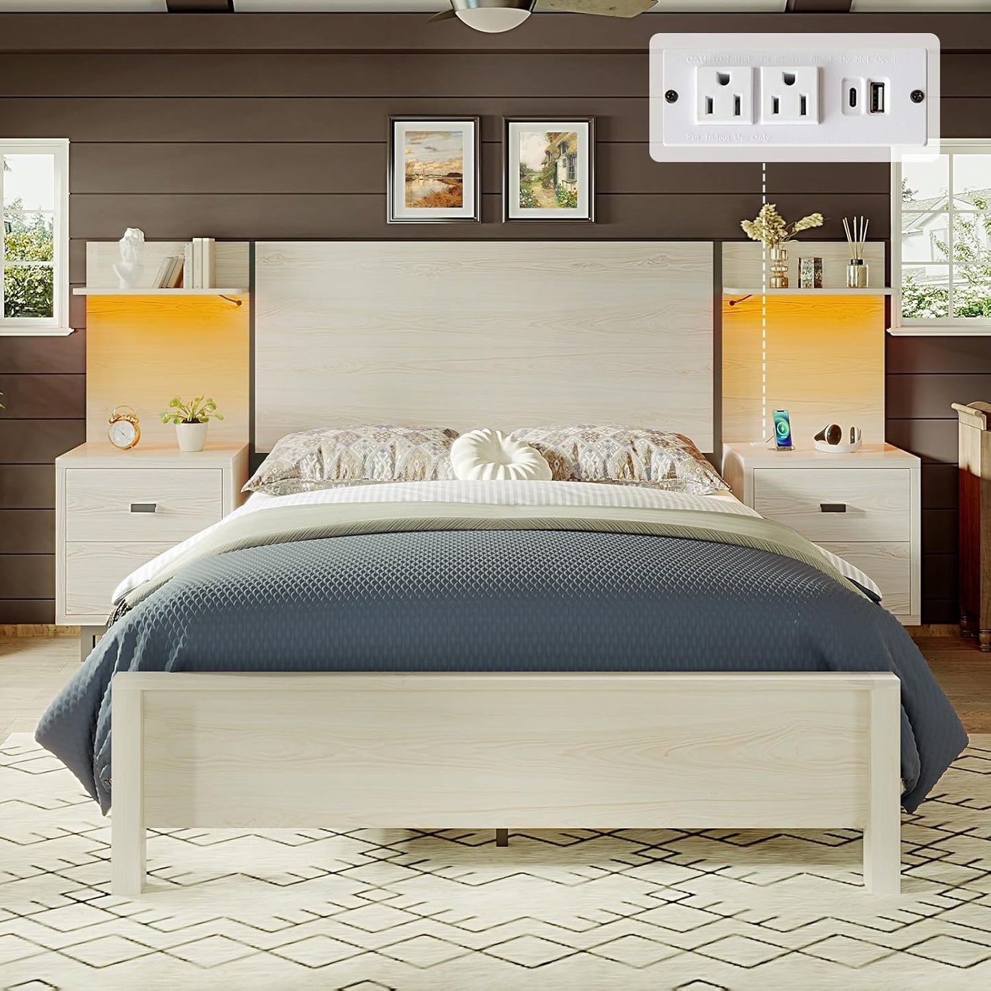 Queen Size Bed Frame with Wide Headboard, Bedside Storage Racks with Charging Station, Grey