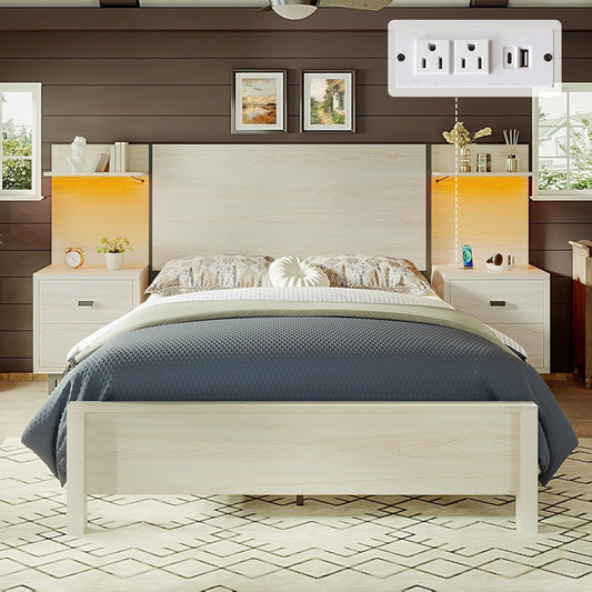 Queen Size Bed Frame with Wide Headboard, Bedside Storage Racks with Charging Station, Grey