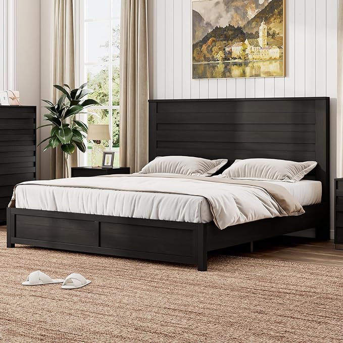 VANACC Bed Frame with 49" Tall & Full-Panel Headboard, Farmhouse Platform Bed with Wood Slats & Metal Bed Frame, No Box Spring Needed/Noise Free