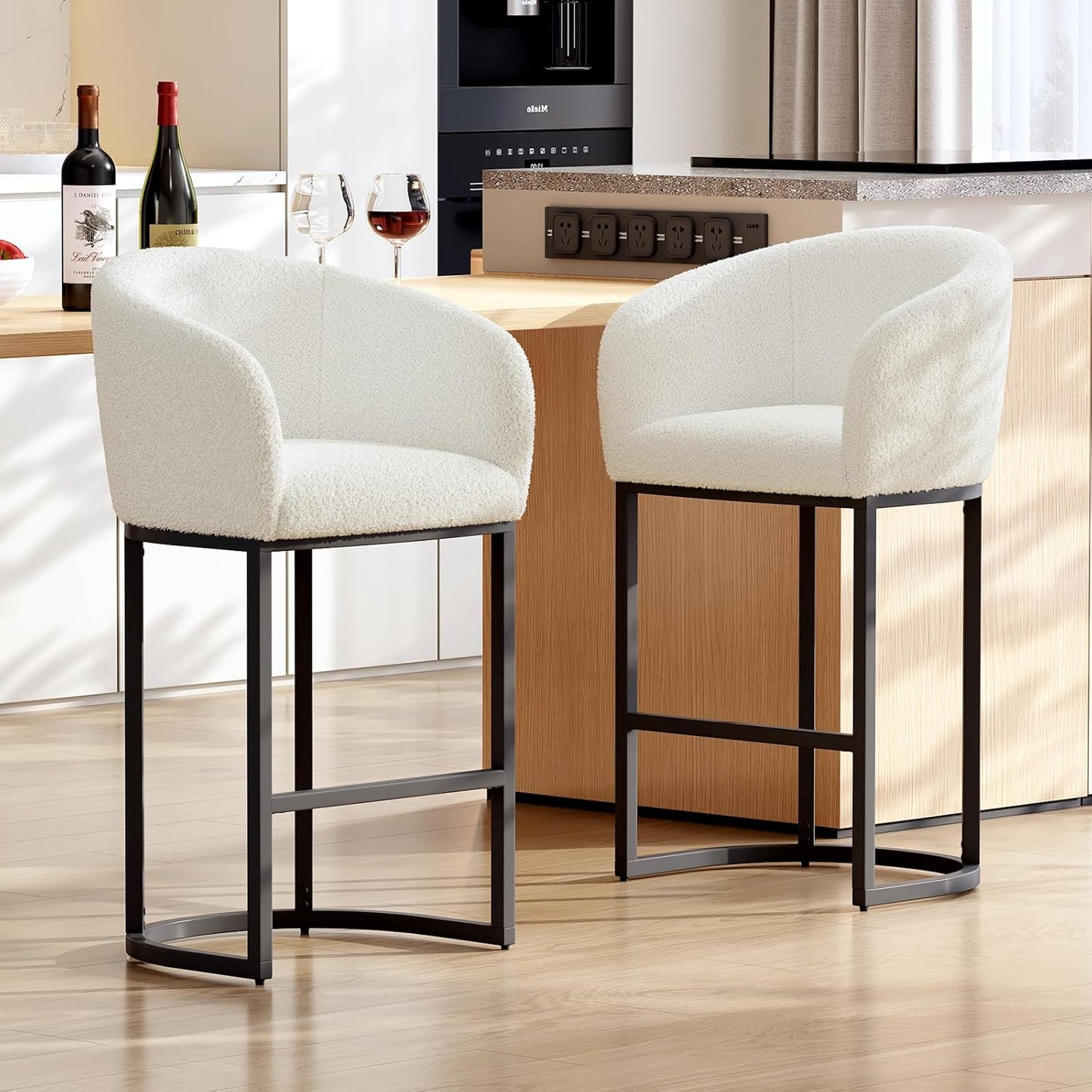 Modern Bar Stools for Kitchen Counter, White Boucle Chair with Arms and Footrest