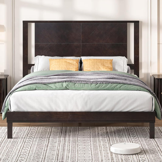 Papajet Solid Wood Bed Frame with Mid Century Headboard & Under-Bed Storage