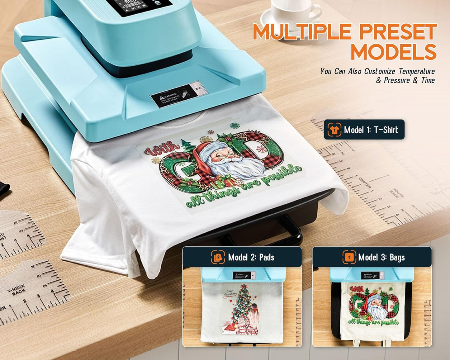 LUXOAK 15x15 Inch Heat Press Machine with Auto Release, Smart T-Shirt Printing for HTV, Sublimation & Heat Transfer, Includes 8pc T-Shirt Templates, Light Blue