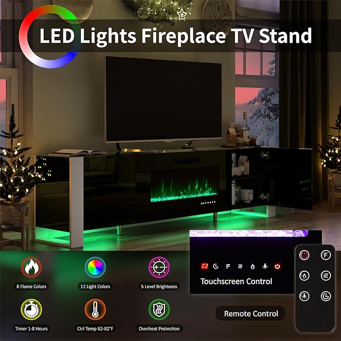 70" Fireplace TV Stand with 36" Electric Fireplace, High Gloss Entertainment Center with LED Lights, Modern Entertainment Stand for TVs up to 80", Black