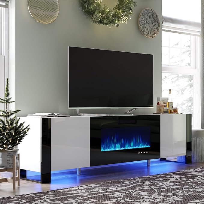 70" Fireplace TV Stand with 36" Electric Fireplace, High Gloss Entertainment Center with LED Lights, Modern Entertainment Stand for TVs up to 80", Black