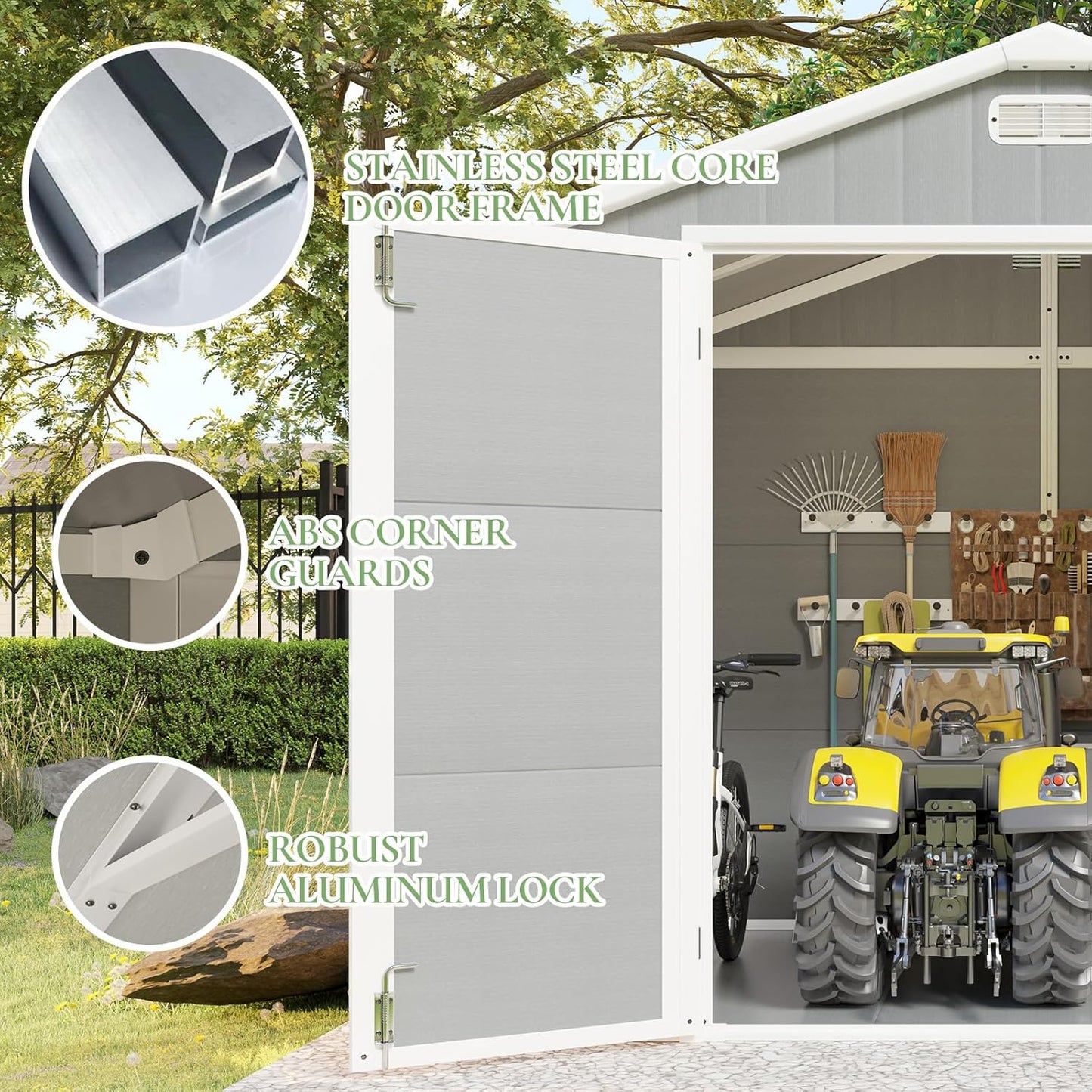 8 x 6 ft Resin Storage Shed with Floor, Tool Shed Outdoor Storage with Vents, Window, and Stainless Steel Cores, for Lawnmowers/Bicycles/Pool Supplies, Grey