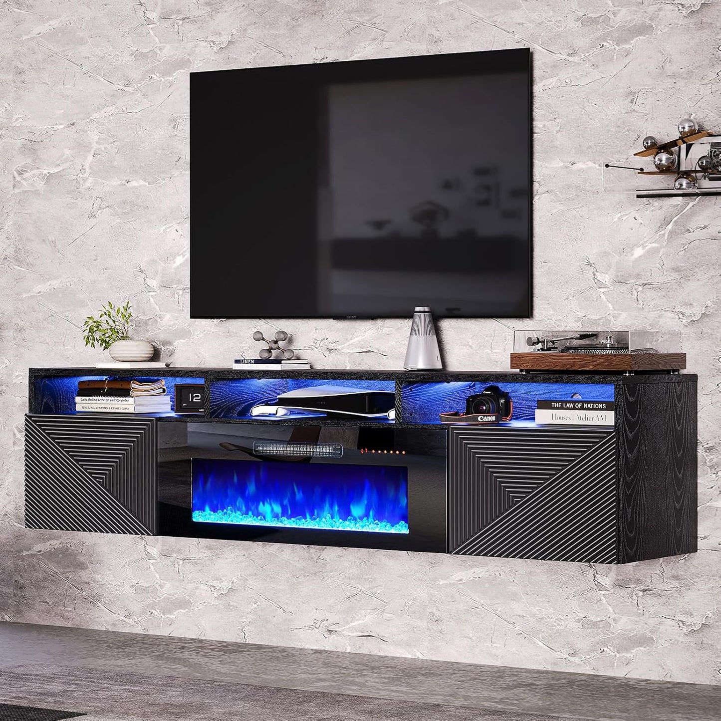 70" Floating TV Stand with Fireplace, Modern Wall Mounted Entertainment Center, White