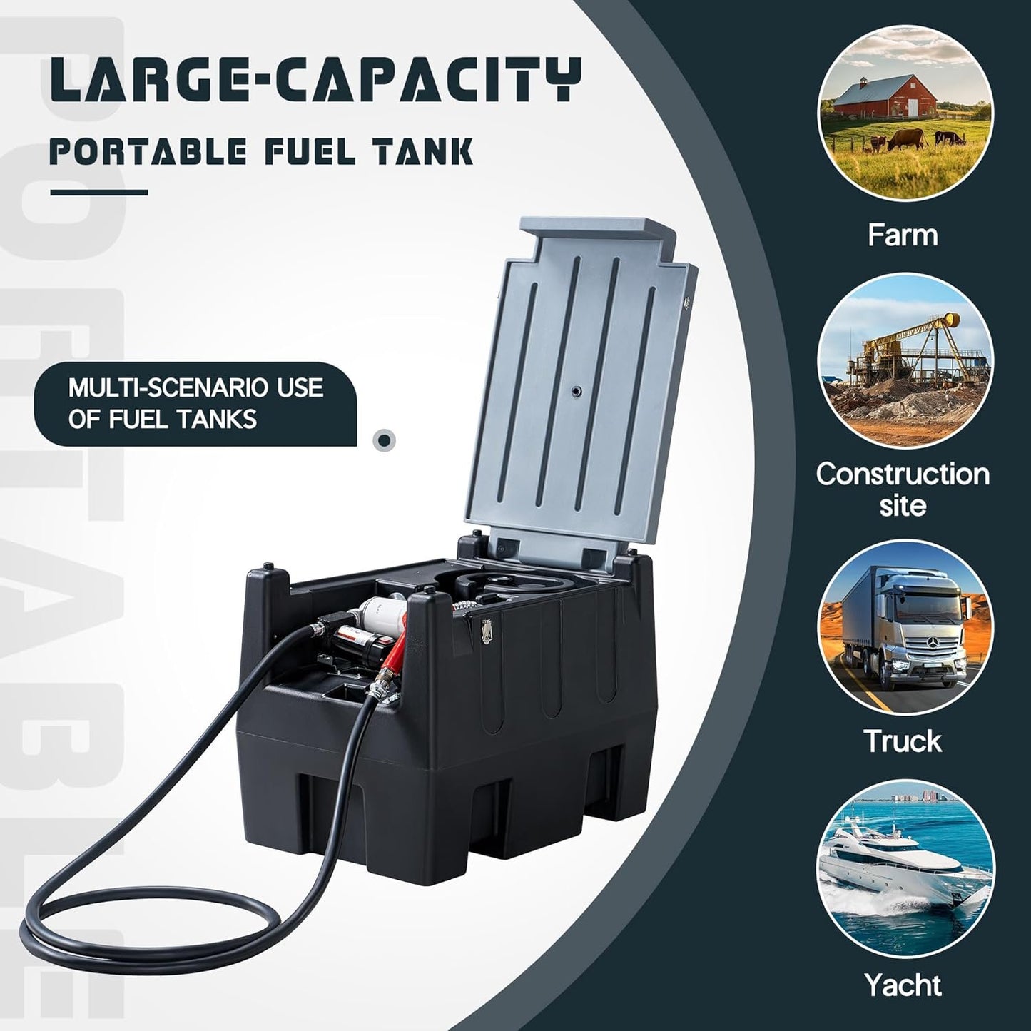 Jocisland Portable Diesel Tank, 58 Gallon Capacity Diesel Fuel Tank with 12V Electric Transfer Pump and 13.1ft Rubber Hose, Wheel Chocks and Lashing Straps, Black