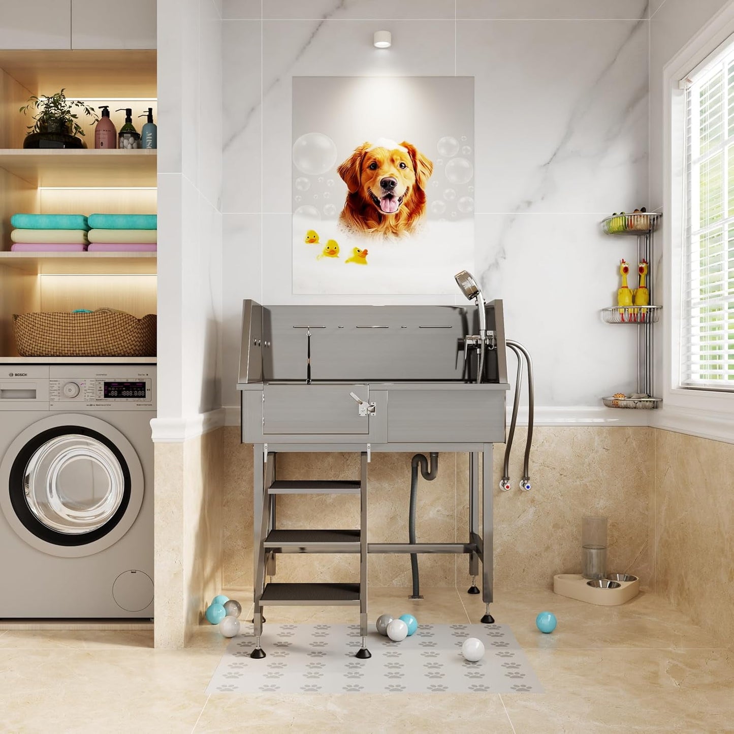 Jocisland 34 in Dog Washing Station, 304 Stainless Steel Pet Wash Station with 3 Flow Adjustable SJocislandrhead and Height, Professional Dog Bathtubs for Small Dogs (Left)