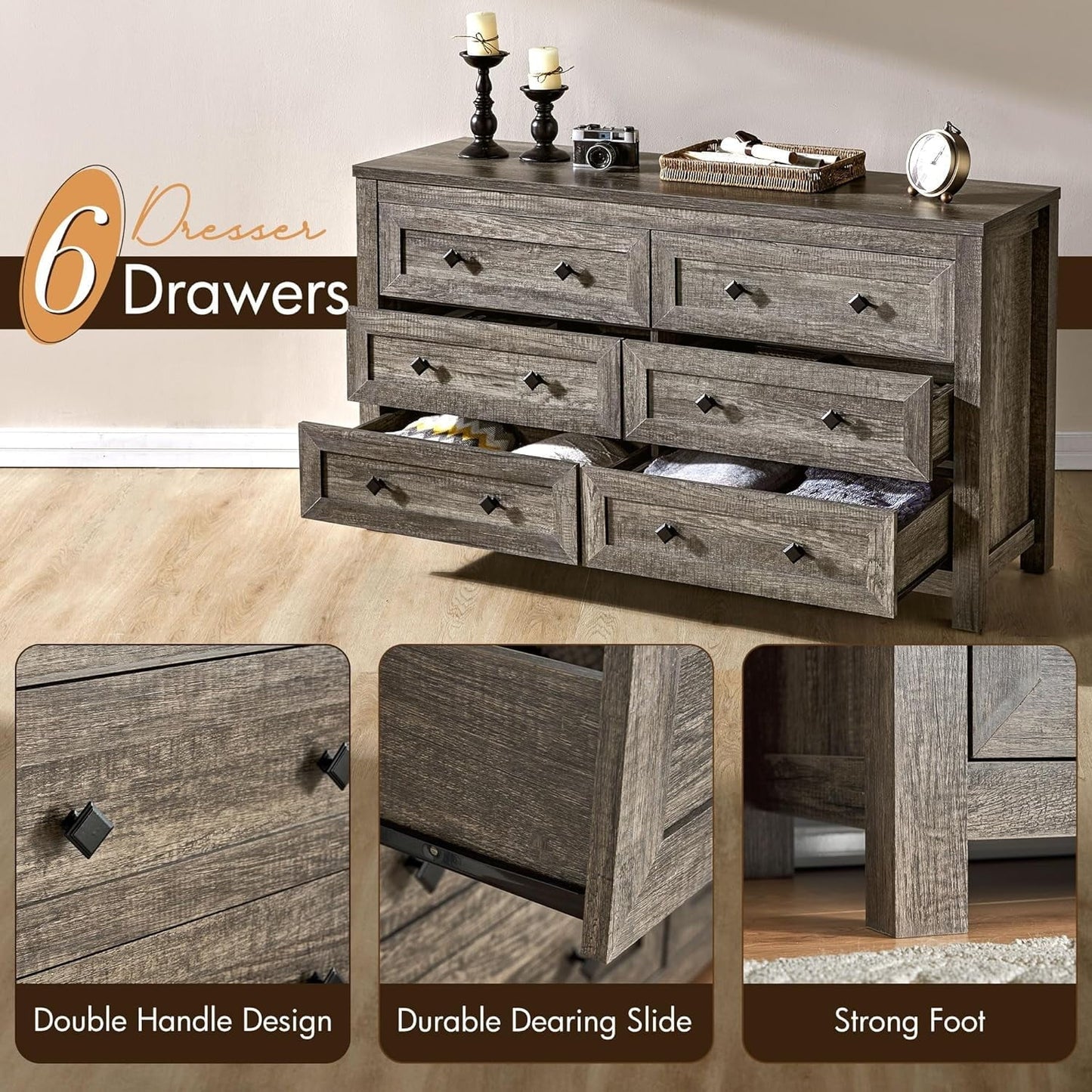 6 Drawers Dresser for Bedroom, Farmhouse Wood Chest of Drawers for Adult Cloth Storage