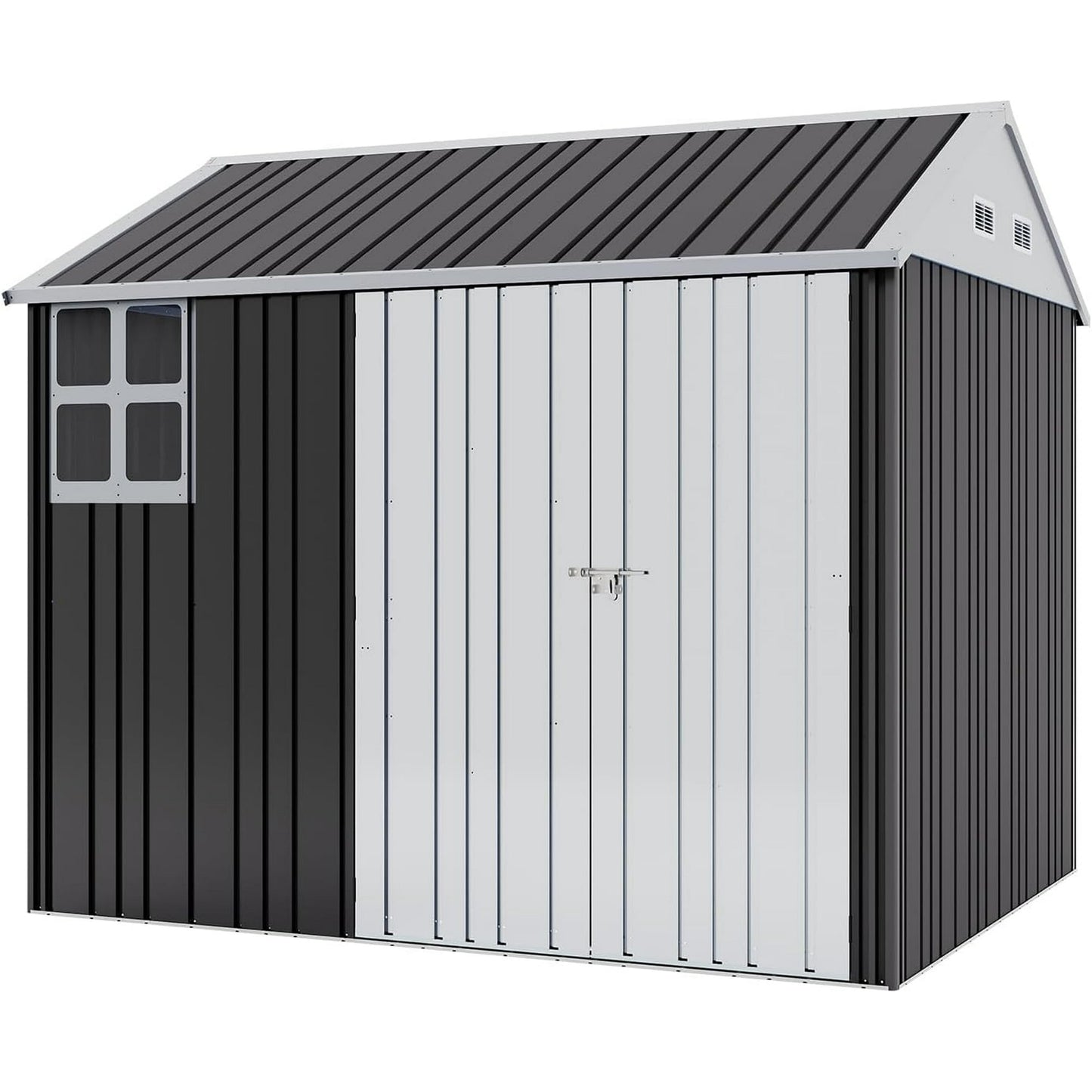 Jocisland 8.5x7.1x7.5 FT Galvanized Steel Outdoor Storage Shed, 4 Vents and Lockable Double Hinged Doors, Metal Shed for Backyard Storage, Dark Black/White