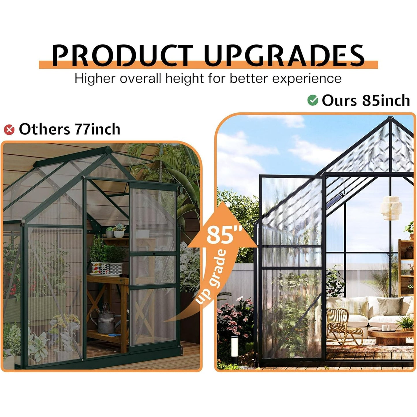 LUXOAK 8x8x7 FT Polycarbonate Greenhouse, Walk-in Aluminum with 2 top-opening windows, 2 Swing Doors, Heavy Duty Outdoor Garden Greenhouse, Black