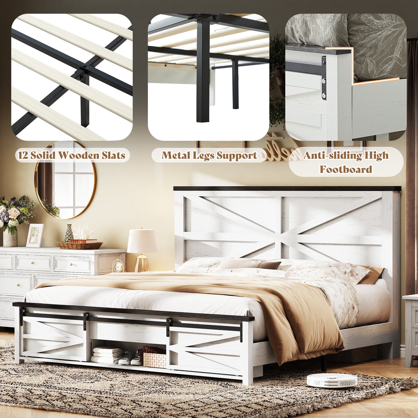 VANACC Farmhouse Wood Bed Frame with Sliding Barn Door Storage Cabinets and Headboard,Solid Wood Slats Support,No Squeak, No Box Spring Needed