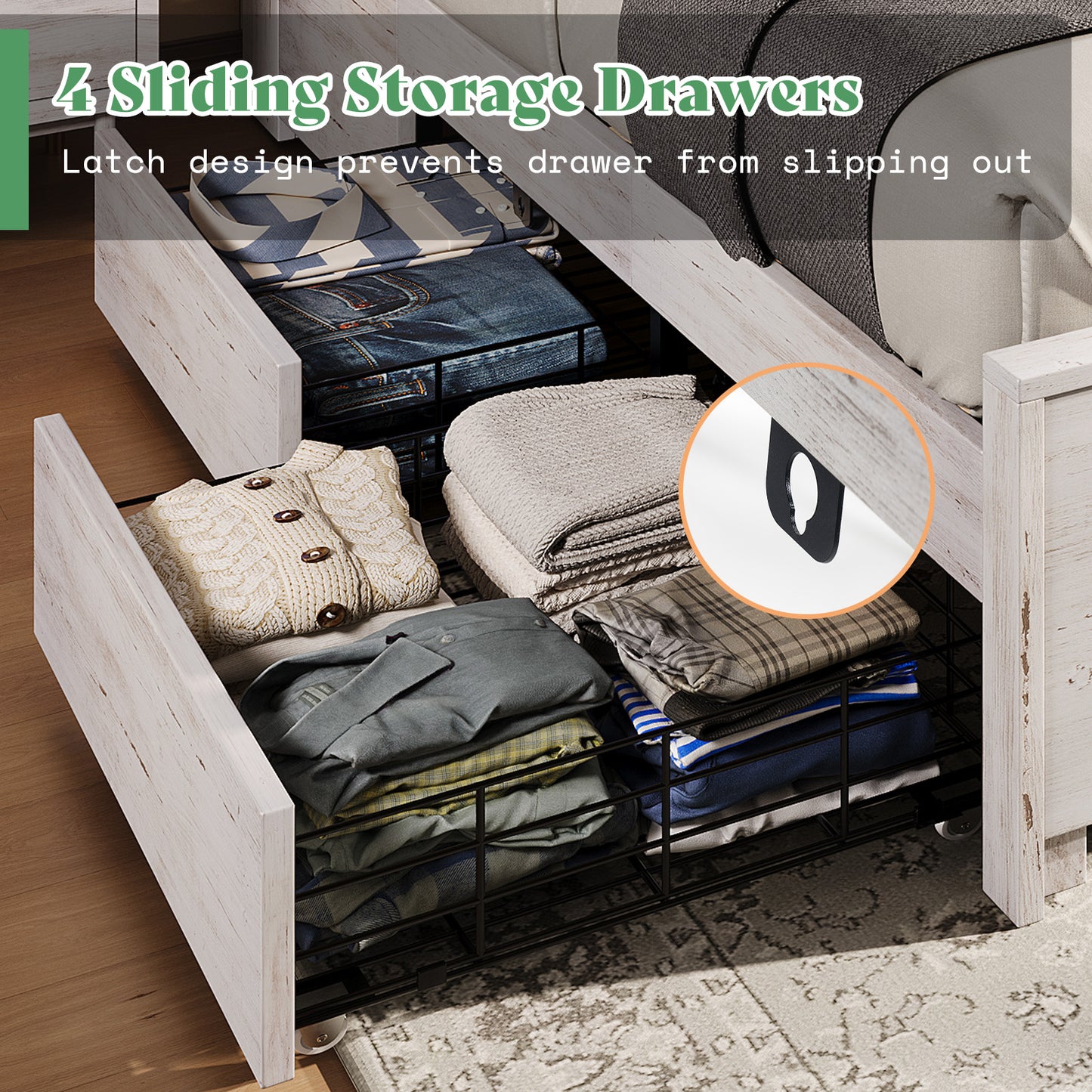 AMERLIFE Queen Size Bed Frame with 49.2" Tall Bookcase Headboard and LED Light, Storage Platform Bed with Charging Station and 4 Drawers, No Box Spring Needed/Noise-Free, Rustic Brown