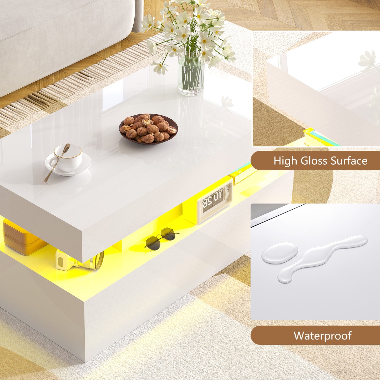 4-Piece Living Room Table Set Includes Modern 70" TV Stand, Coffee Table and Nightstands Set of 2 with LED Lights, High Glossy Coffee Table Set for Bedroom & Office, White