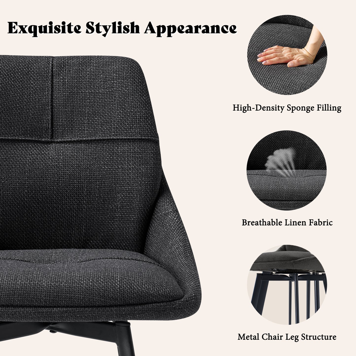 Melucy Counter Height Bar Stools Set of 2, 360° Swivel Bar Stools with Curved Back and Large Seat Cushion, 41" Tall Linen Bar Chair with Metal Footrest, Modern Barstools for Kitchen Island, Black
