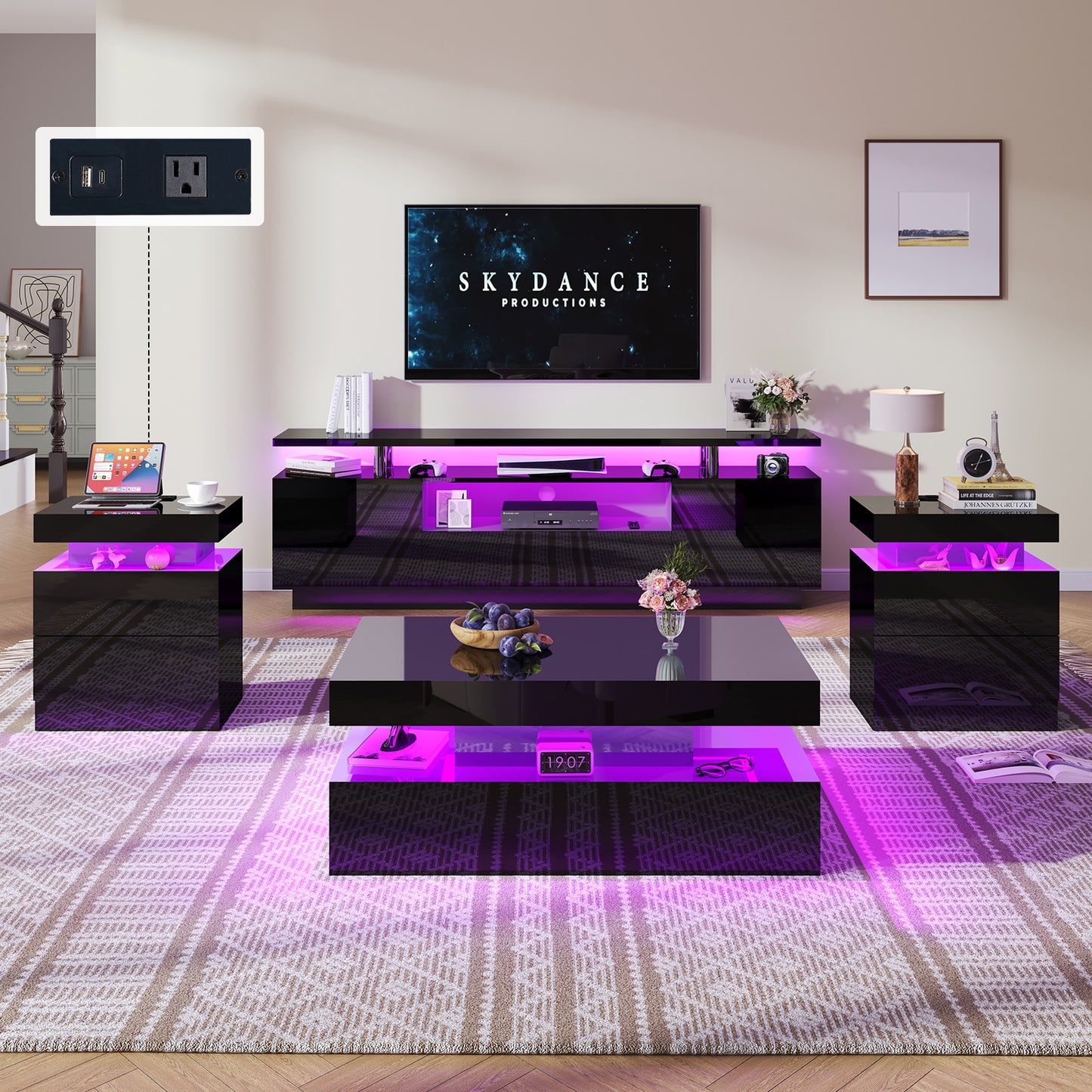 4-Piece Living Room Table Set Includes Modern 70" TV Stand, Coffee Table and Nightstands Set of 2 with LED Lights, High Glossy Coffee Table Set for Bedroom & Office, White