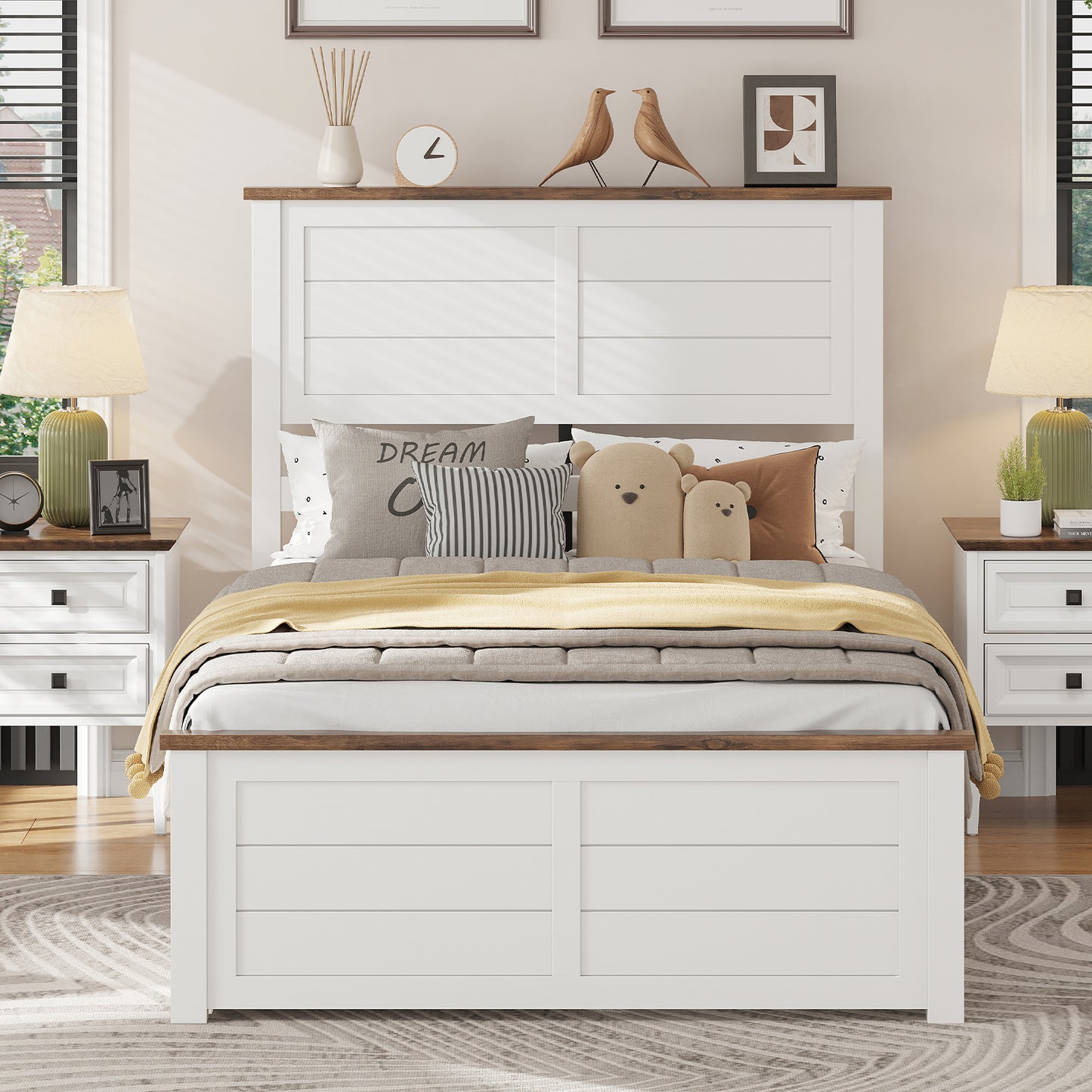 VANACC Farmhouse Bed Frame with Headboard and 4 Storage Drawers, Solid Wood Barn Door Platform Bed with Wood Slats, Heavy Duty Mattress Foundation, Non-Slip & Noise-Free