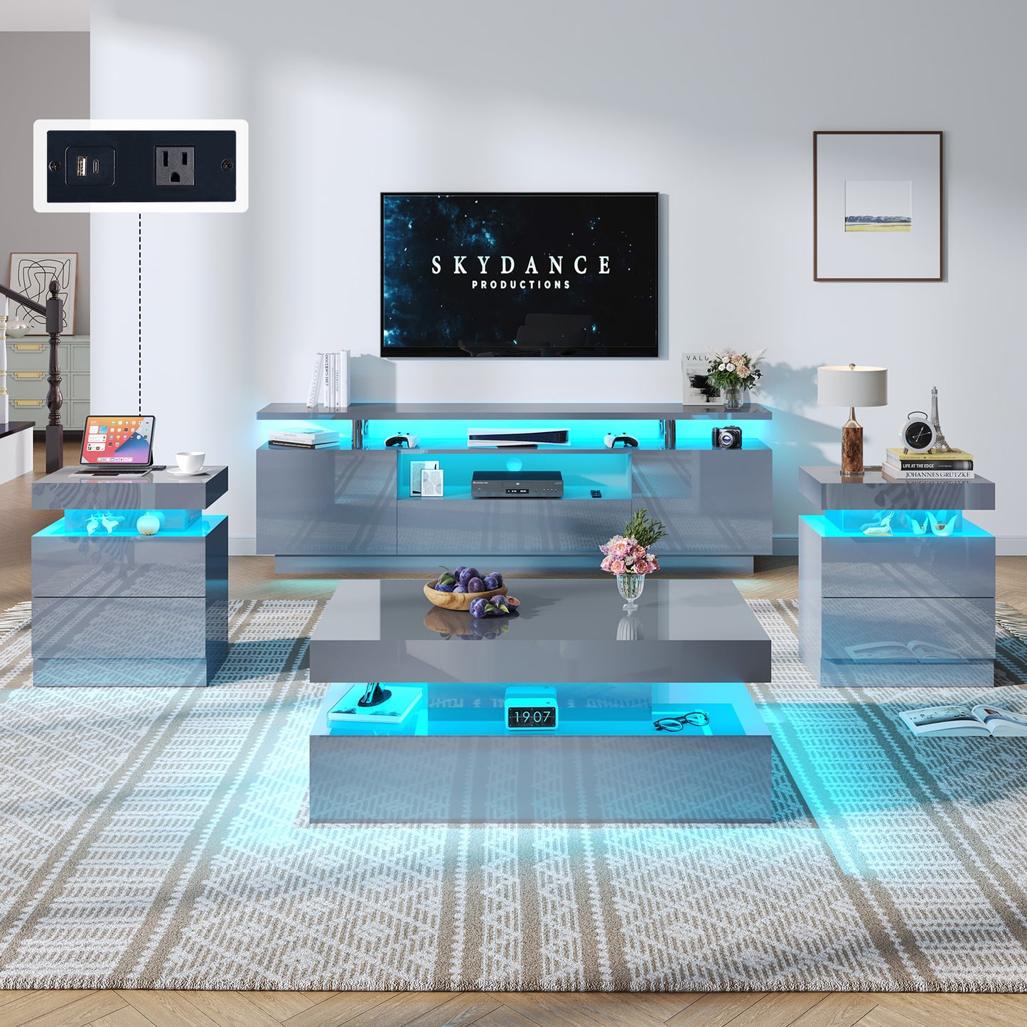4-Piece Living Room Table Set Includes Modern 70" TV Stand, Coffee Table and Nightstands Set of 2 with LED Lights, High Glossy Coffee Table Set for Bedroom & Office, White