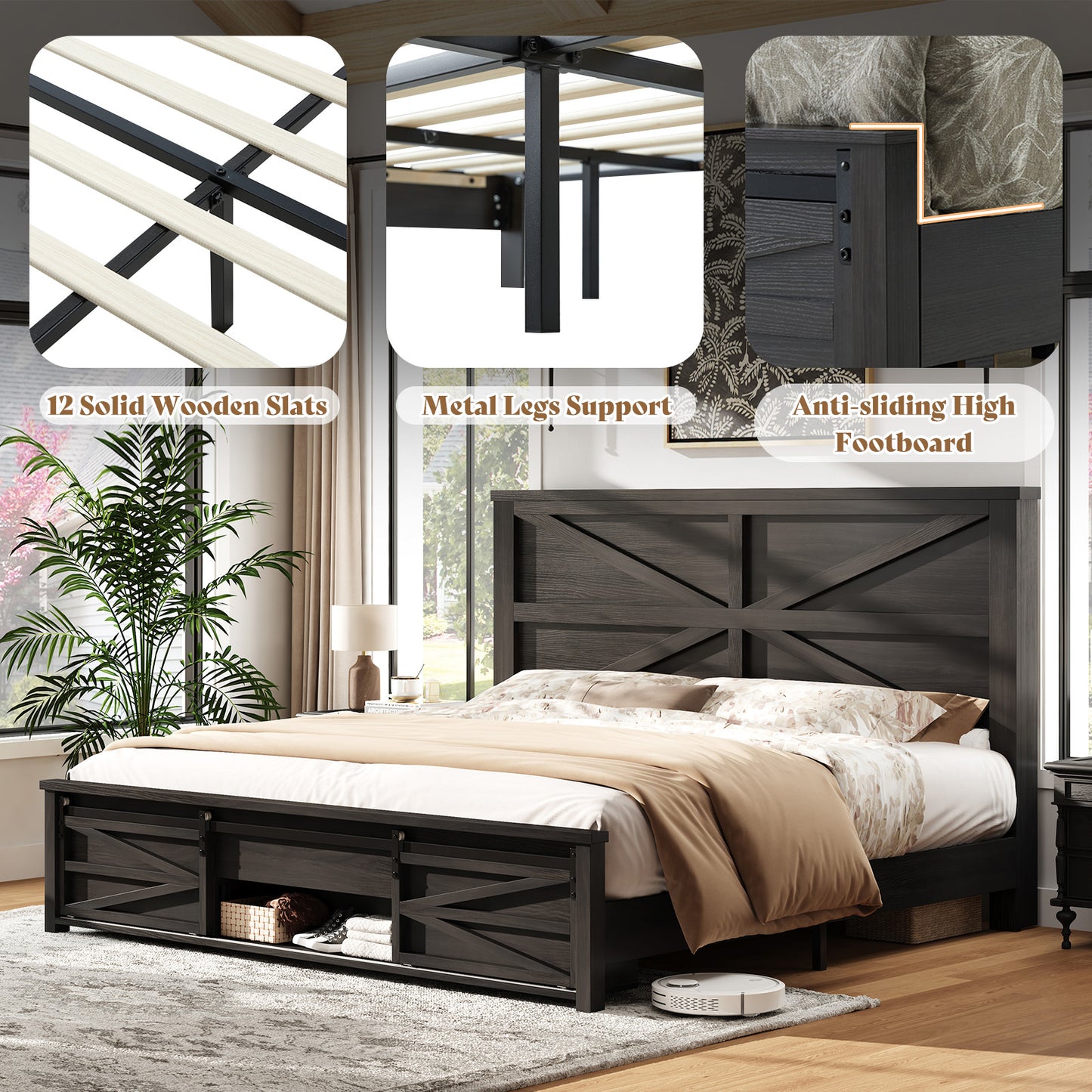 VANACC Farmhouse Wood Bed Frame with Sliding Barn Door Storage Cabinets and Headboard,Solid Wood Slats Support,No Squeak, No Box Spring Needed